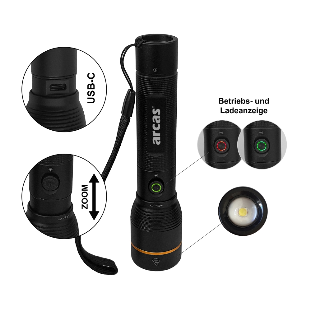 Kišeninis žibintuvėlis 18650 baterijoms, 10W, ARCAS 10W 18650 baterijoms, juodas