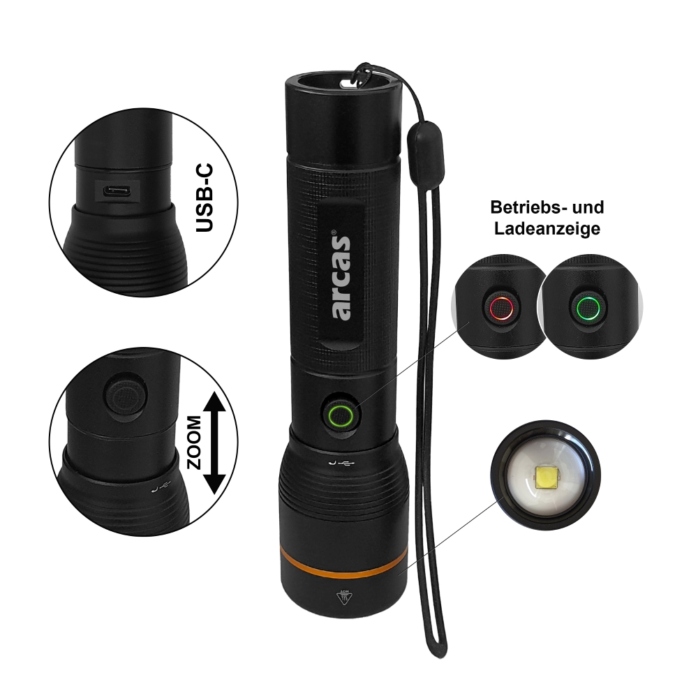 Kišeninis žibintuvėlis, 20W, įkraunamas USB-C, juodas, ARCAS