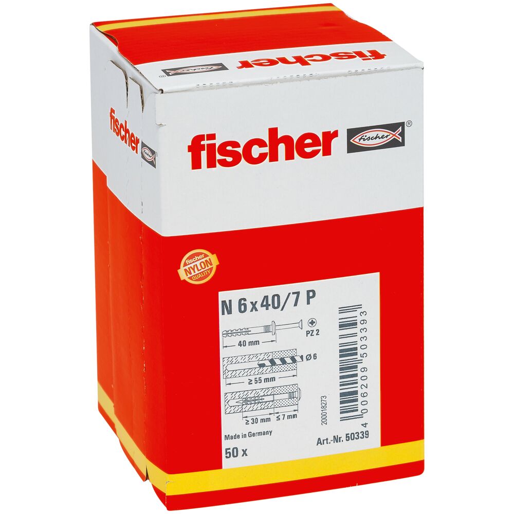 Kalamas kaištis su borteliu Hammerfix N P 6x40mm, Fischer 50 vnt.