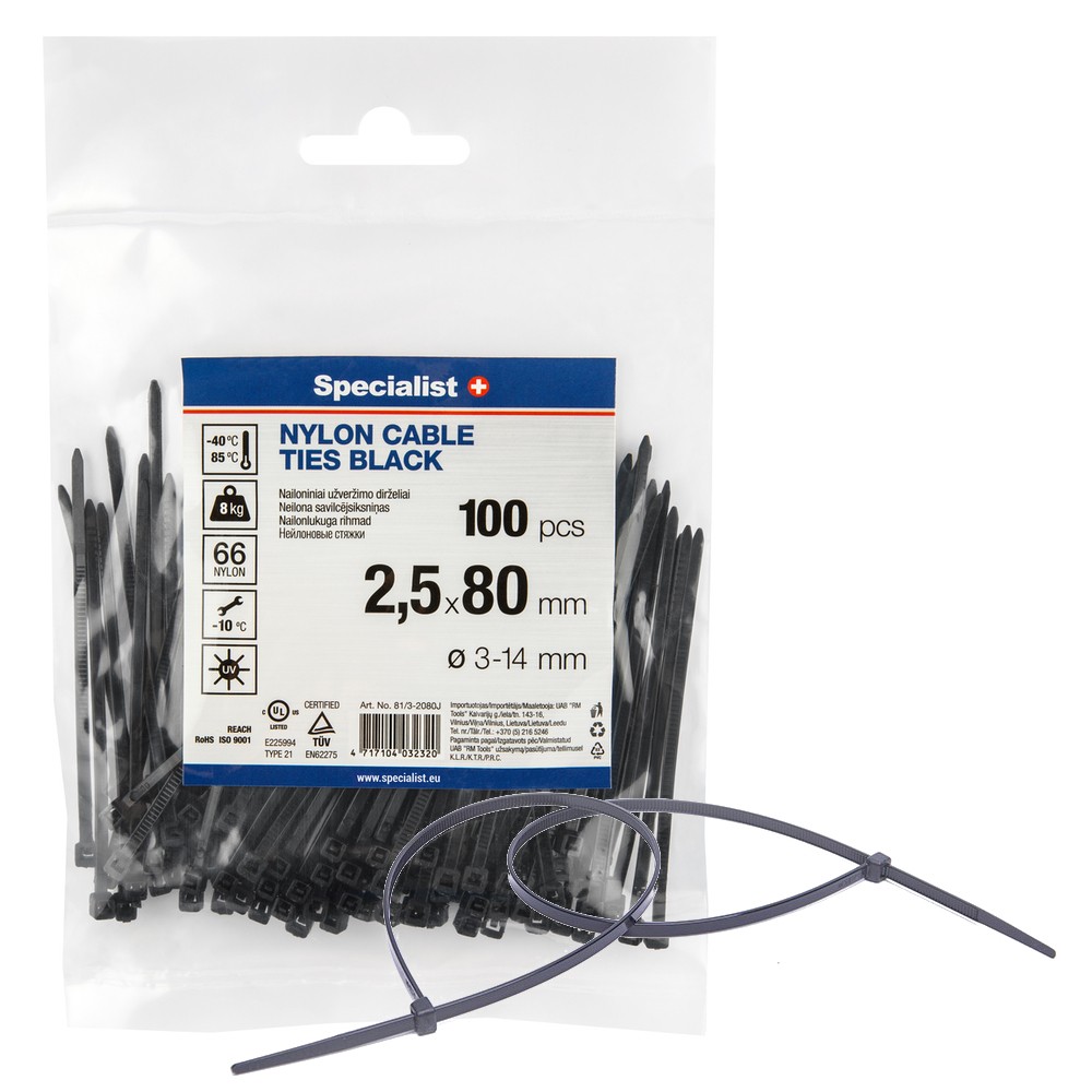 SPECIALIST+ nylon cable ties, black, 2.5x80 mm, 100 pcs