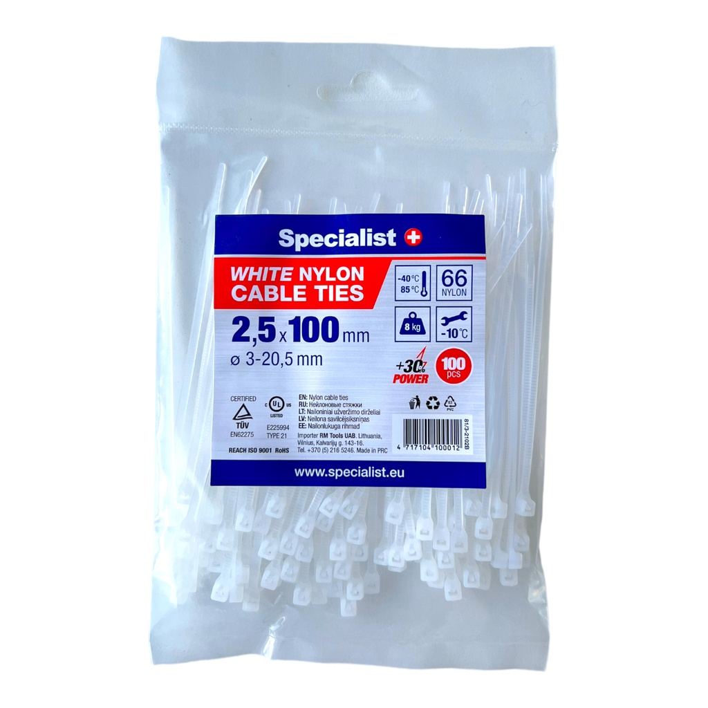 SPECIALIST+ nylon cable ties, white, 2.5x100 mm, 100 pcs