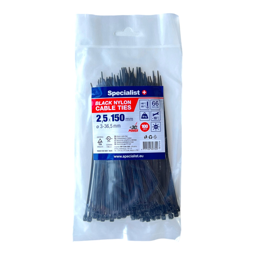 SPECIALIST+ nailonist kaabliside, must, 2.5x150 mm, 100 tk