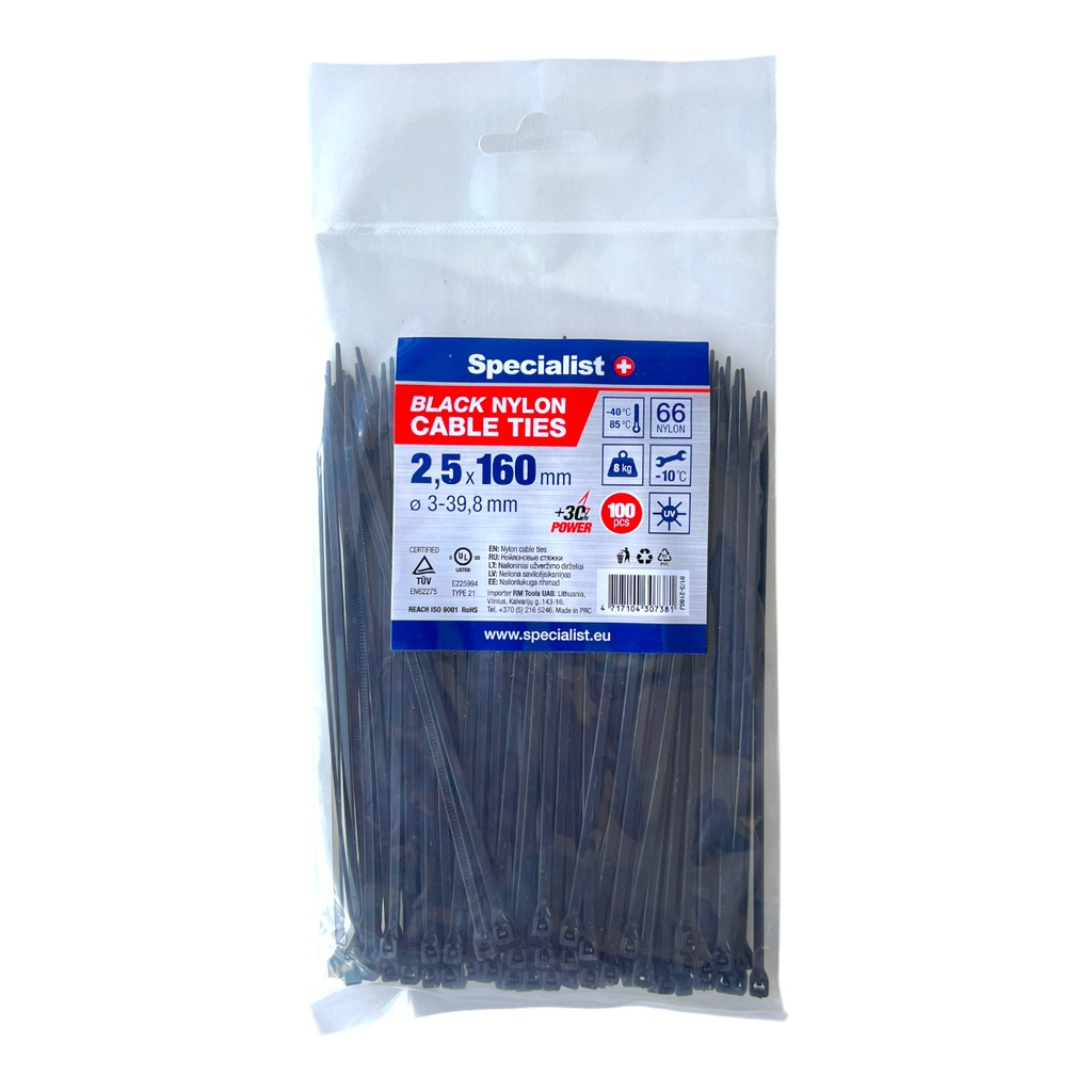 SPECIALIST+ nailonist kaabliside, must, 2.5x160 mm, 100 tk