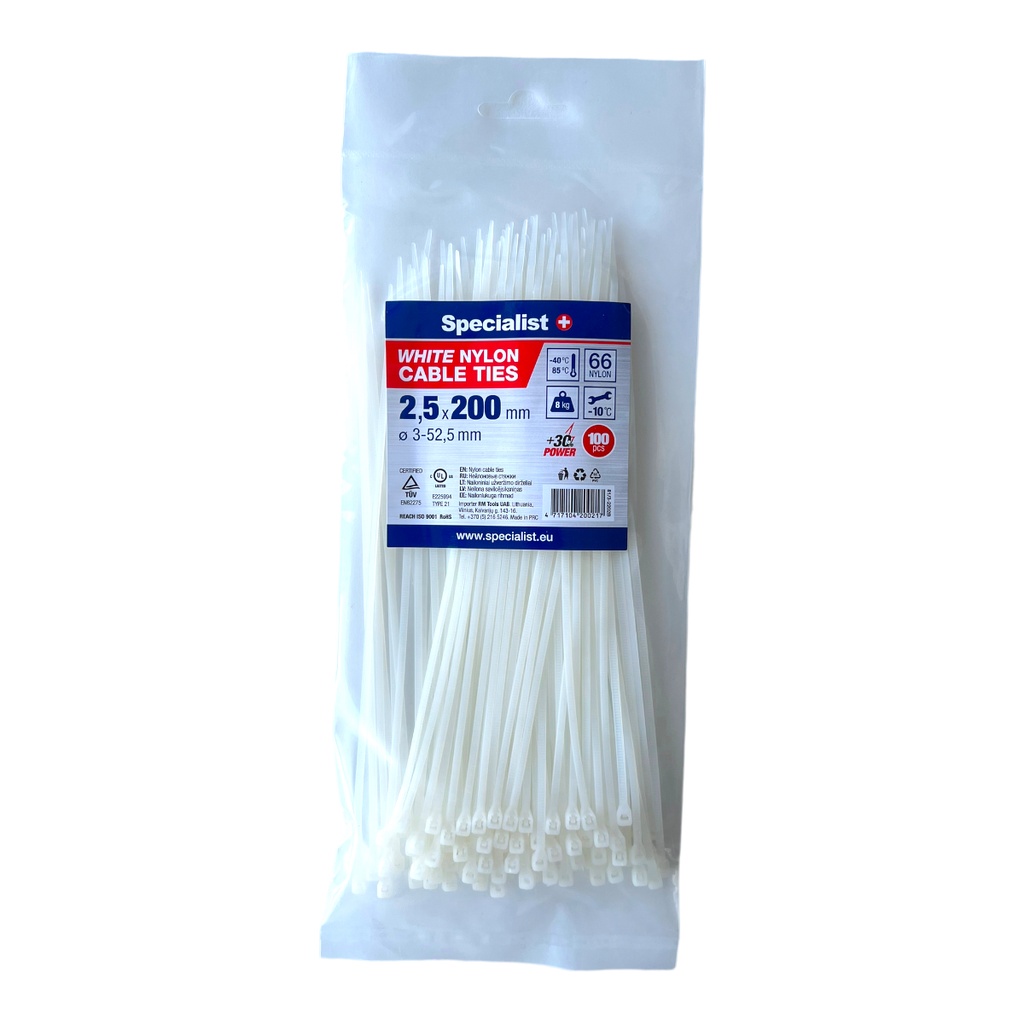 SPECIALIST+ nylon cable ties, white, 2.5x200 mm, 100 pcs