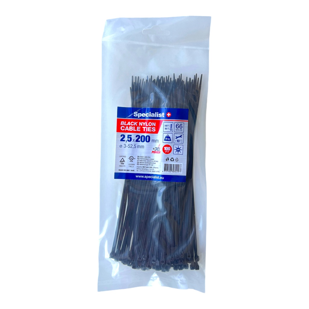 SPECIALIST+ nylon cable ties, black, 2.5x200 mm, 100 pcs