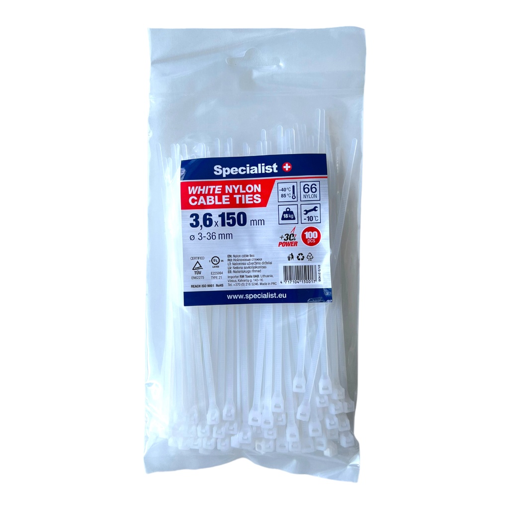 SPECIALIST+ nylon cable ties, white, 3.6x150 mm, 100 pcs