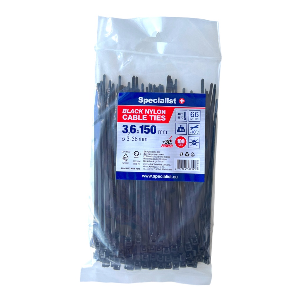 SPECIALIST+ nylon cable ties, black, 3.6x150 mm, 100 pcs