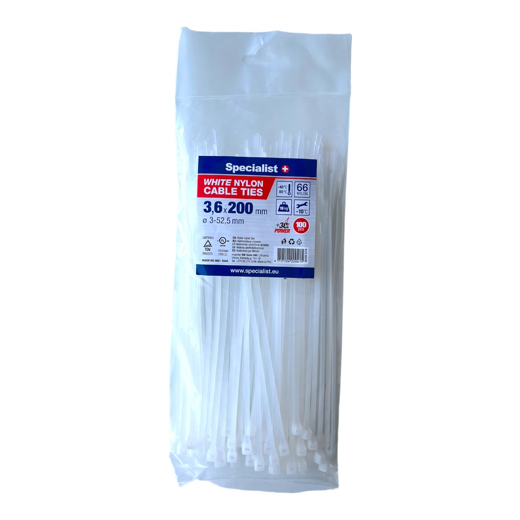 SPECIALIST+ nylon cable ties, white, 3.6x200 mm, 100 pcs