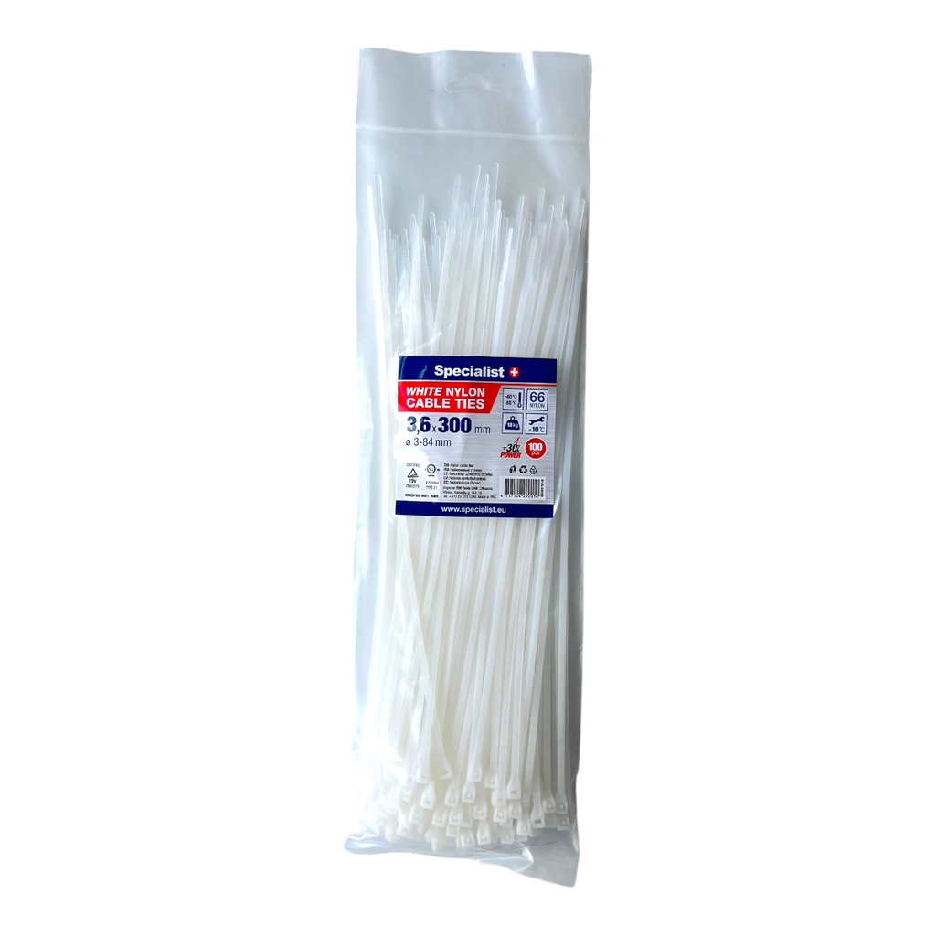 SPECIALIST+ nylon cable ties, white, 3.6x300 mm, 100 pcs