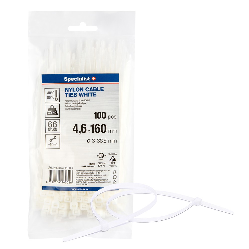 SPECIALIST+ nylon cable ties, white, 4.6x160 mm, 100 pcs