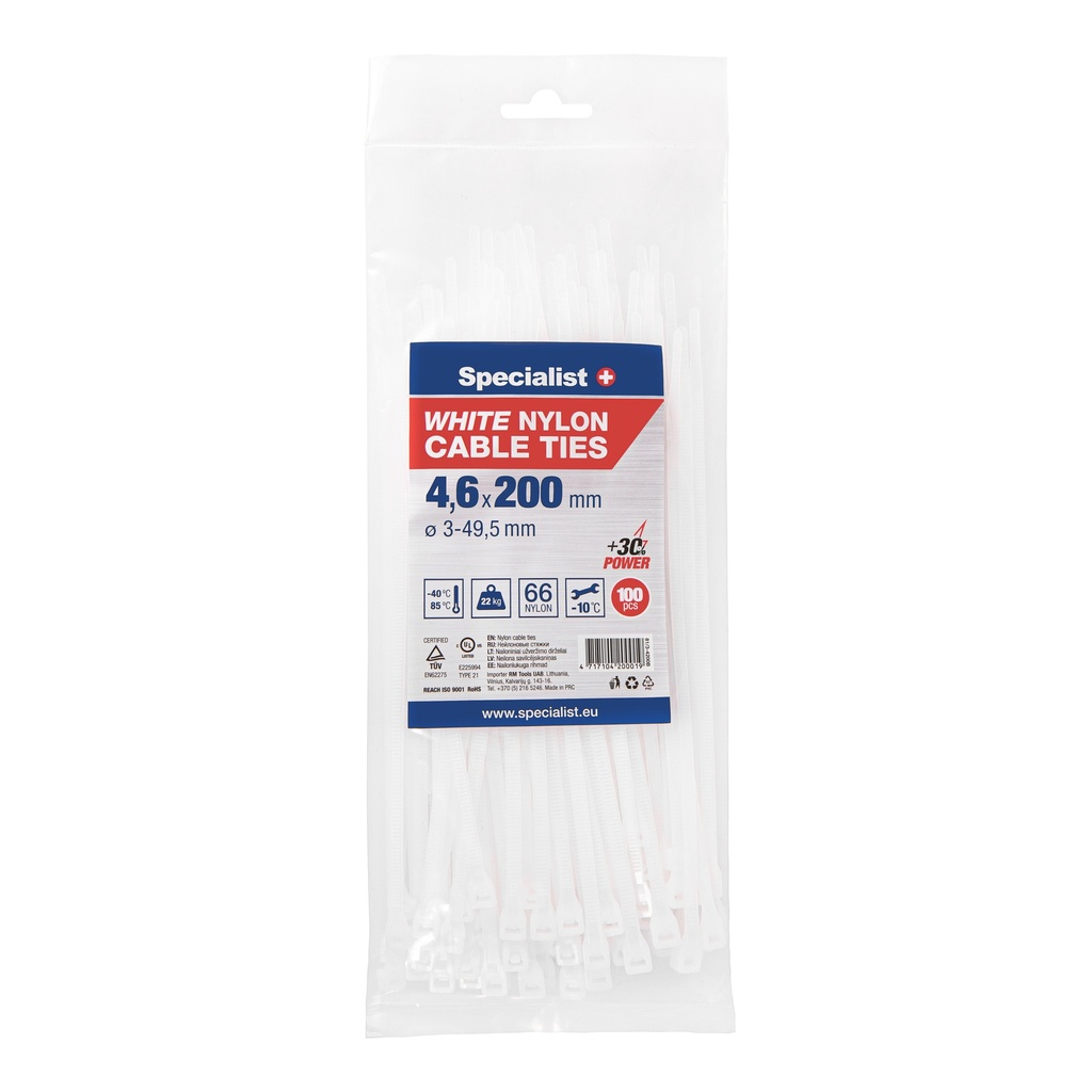 SPECIALIST+ nylon cable ties, white, 4.6x200 mm, 100 pcs