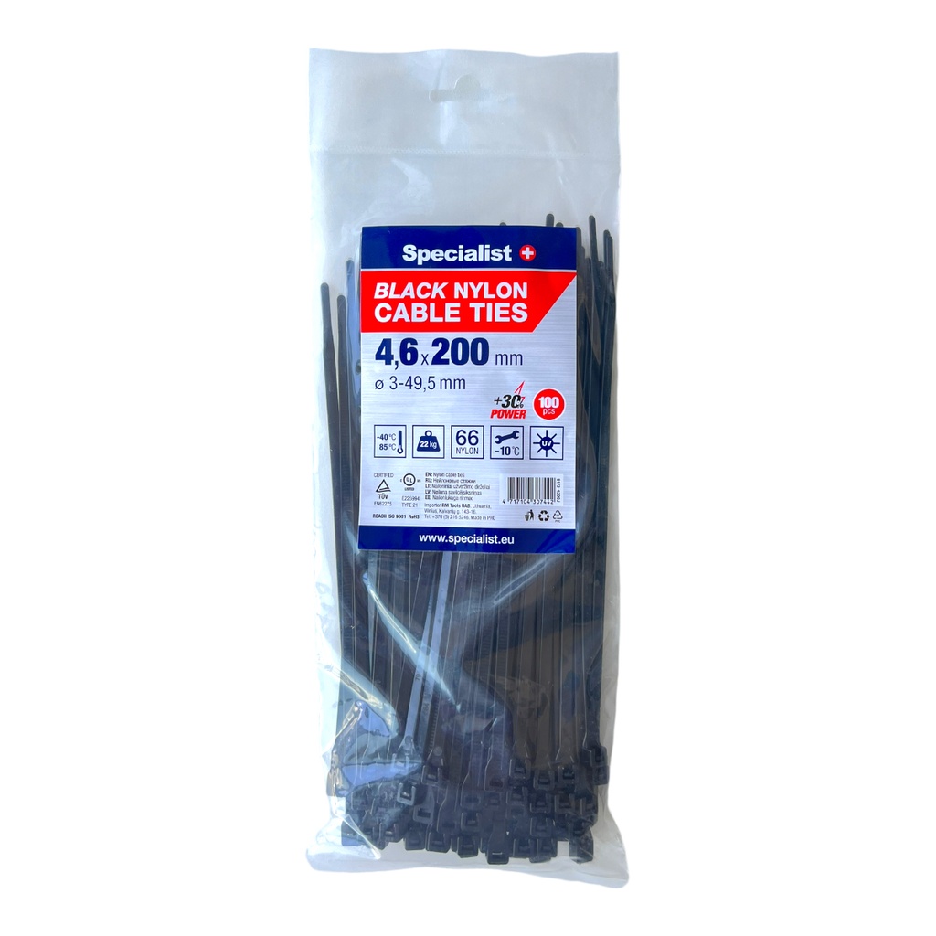 SPECIALIST+ nylon cable ties, black, 4.6x200 mm, 100 pcs