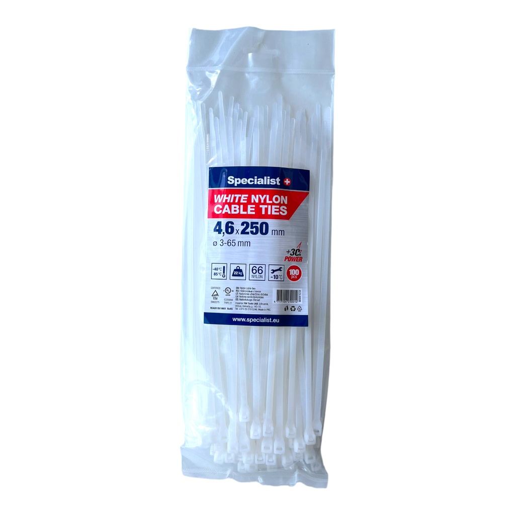 SPECIALIST+ nylon cable ties, white, 4.6x250 mm, 100 pcs