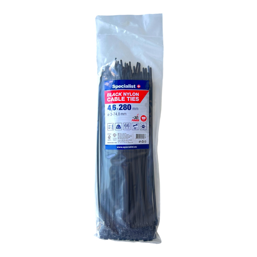 SPECIALIST+ nylon cable ties, black, 4.6x280 mm, 100 pcs
