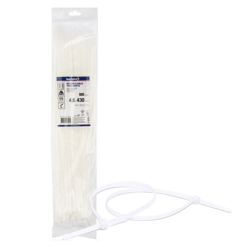 SPECIALIST+ nylon cable ties, white, 4.6x430 mm, 100 pcs