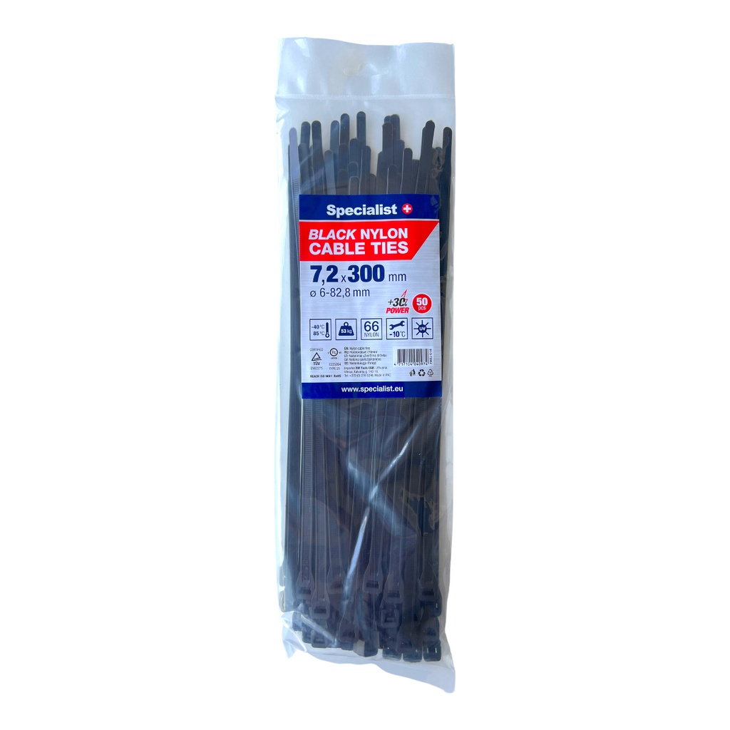 SPECIALIST+ nylon cable ties, black, 7.2x300 mm, 50 pcs