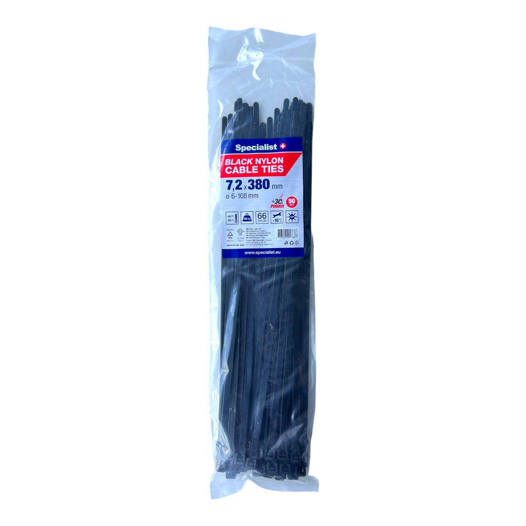 SPECIALIST+ nylon cable ties, black, 7.6x380 mm, 50 pcs