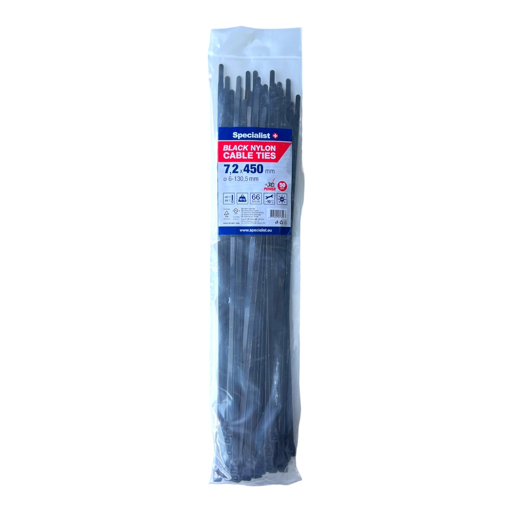 SPECIALIST+ nylon cable ties, black, 7.2x450 mm, 50 pcs