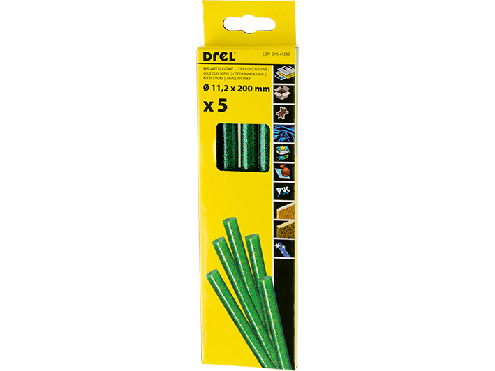Hot glue sticks 11,2 mm × 200 mm,  with sequins, green-colored, 5 pcs.