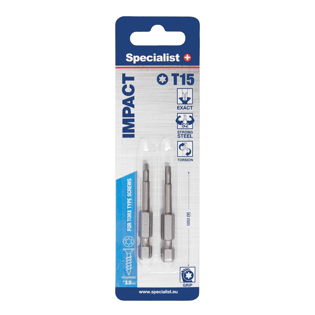 SPECIALIST+ screwdriver bit TORX GRIP, T15, 50mm, 2 pcs