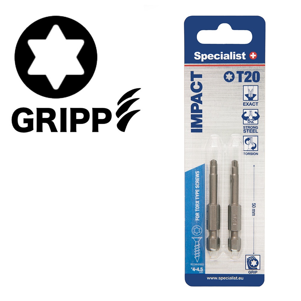 SPECIALIST+ screwdriver bit TORX GRIP, T20, 50mm, 2 pcs