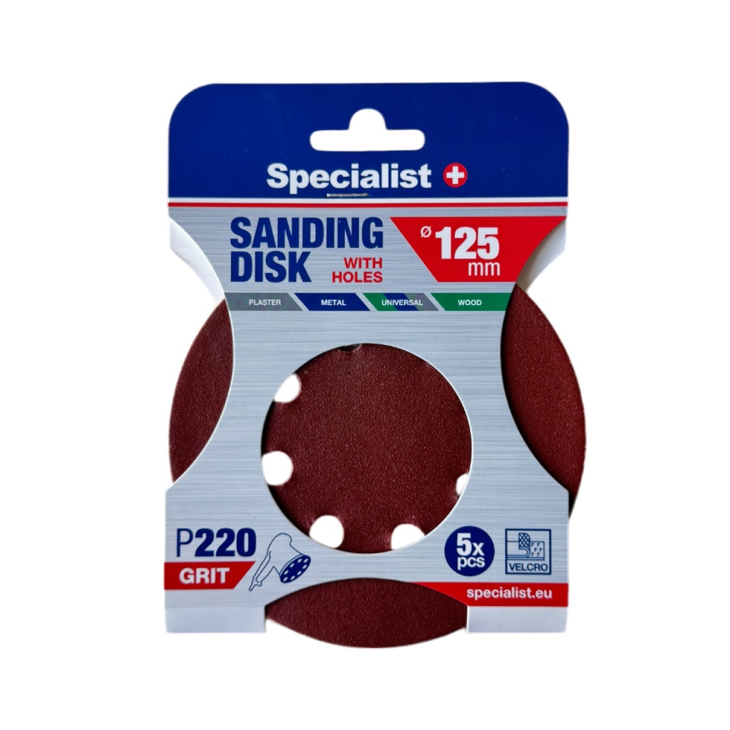SPECIALIST+ velcro sanding disks with holes P220, 125 mm, 5 pcs