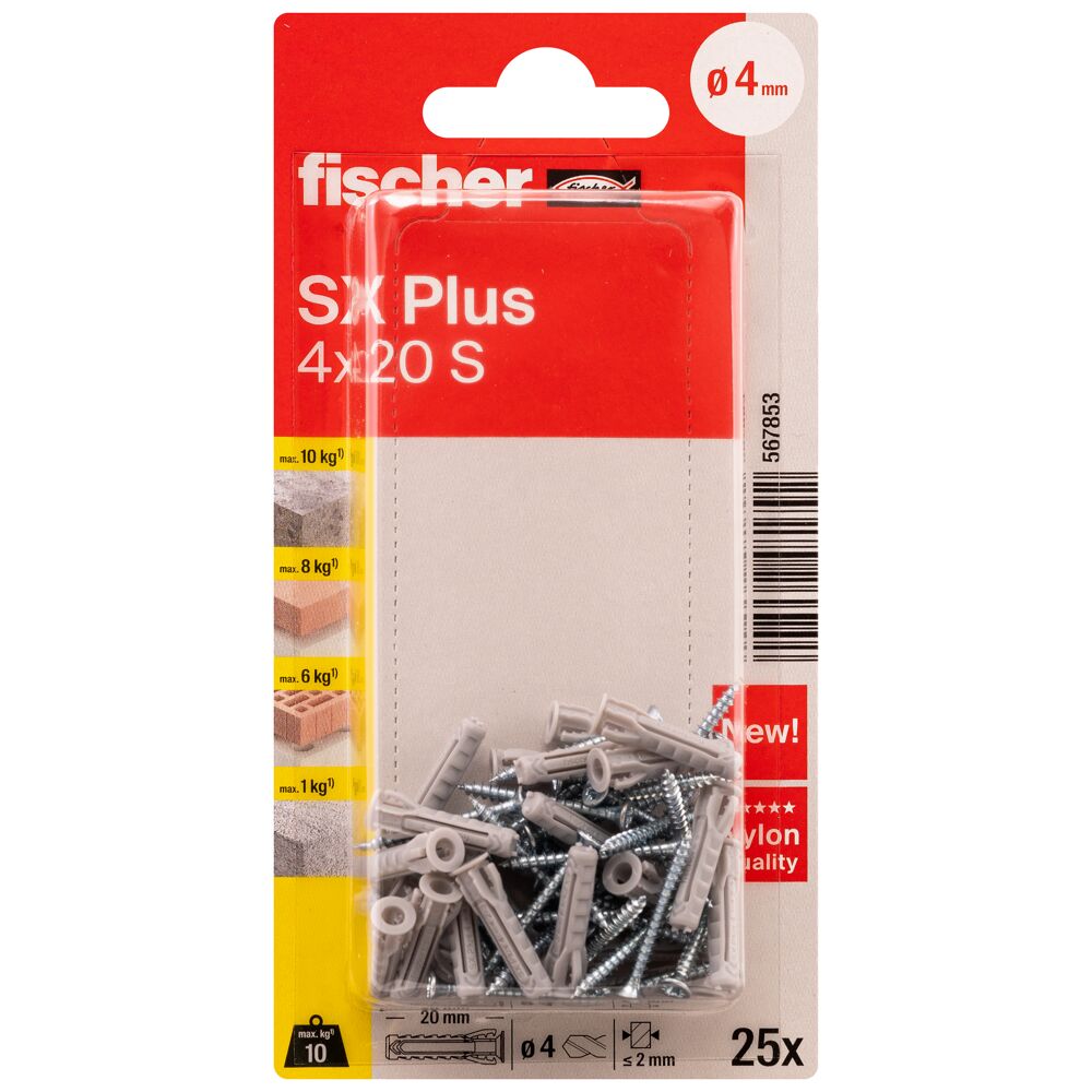 FISCHER expansion plug SX Plus S with screw, 4x0 mm, 25 pcs.