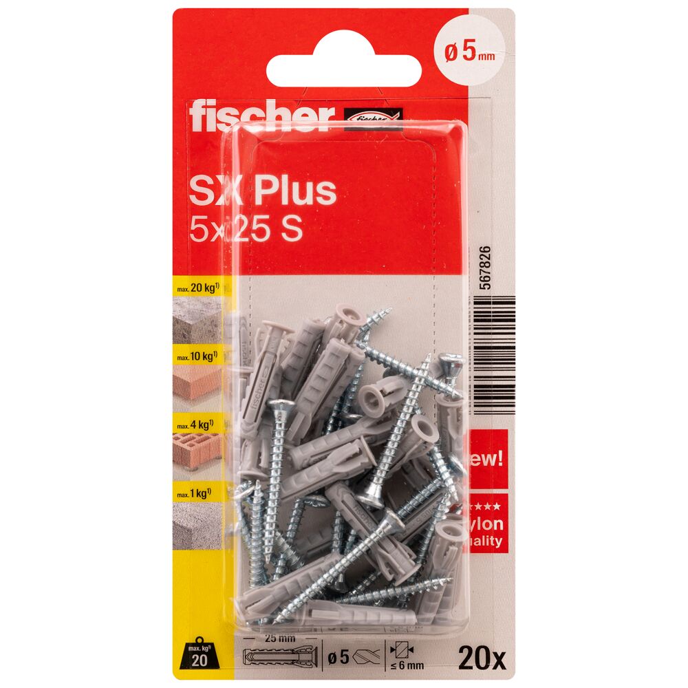FISCHER laienduspistik SX Plus S koos kruviga, 5x25 mm, 20 tk.