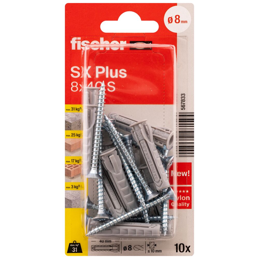 FISCHER laienduspistik SX Plus S koos kruviga, 8x40 mm, 10 tk.