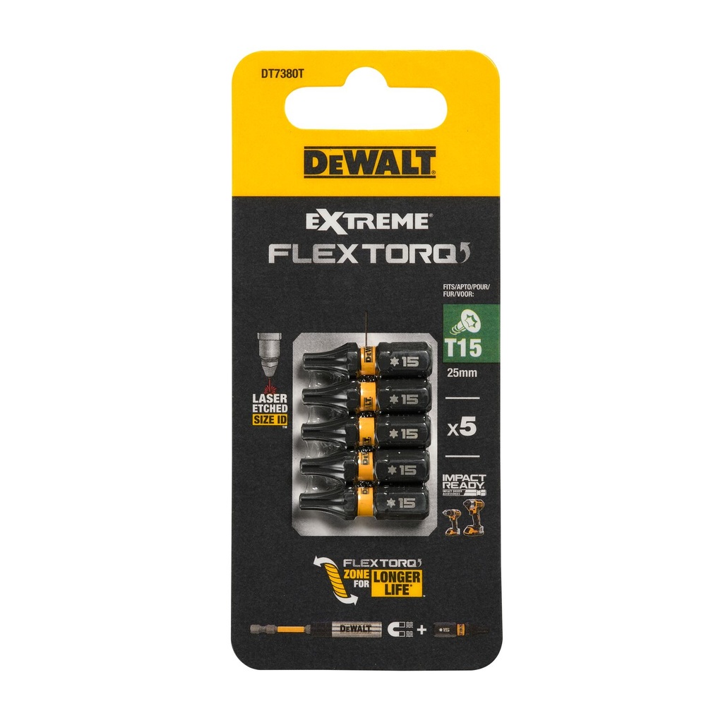 Sukimo antgaliukai FLEXTORQ T15 25 mm, DeWALT, 5 vnt.