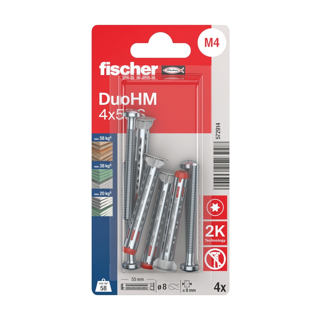 Cavity wall plug DuoHM 4x55 S PH TX, Fischer, 4 pcs.