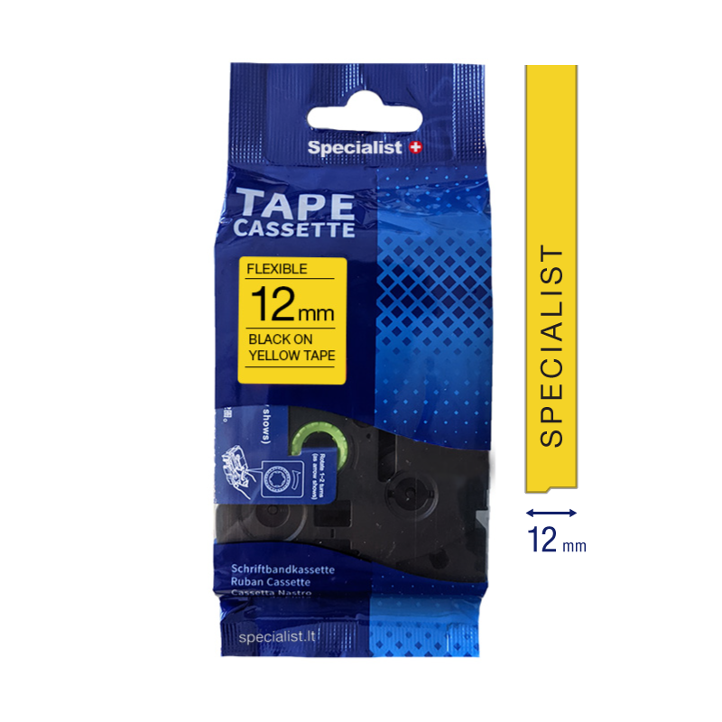 SPECIALIST+ kleepkirjalint FLEXIBLE, 12 mm, must/kollane