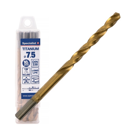 [64/1-0075Q] SPECIALIST+ metalo grąžtas TITAN, 7.5 mm, 10 vnt.