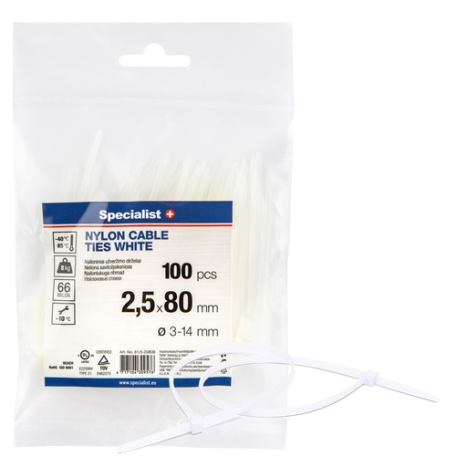 [81/3-2080B] SPECIALIST+ nylon cable ties, white, 2.5x80 mm, 100 pcs