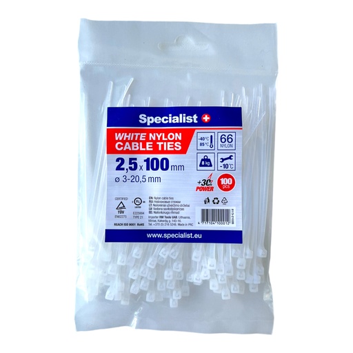 [81/3-2102B] SPECIALIST+ nylon cable ties, white, 2.5x100 mm, 100 pcs
