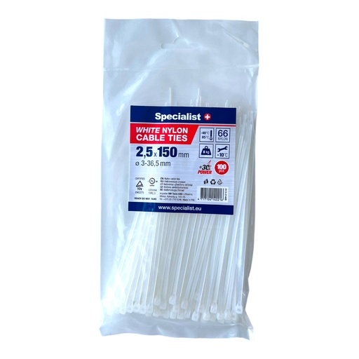 [81/3-2140B] SPECIALIST+ nylon cable ties, white, 2.5x150 mm, 100 pcs