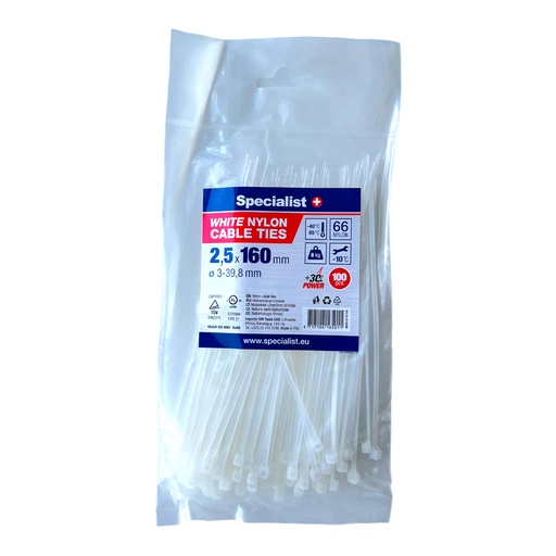 [81/3-2160B] Nylon cable ties white 2,5x160mm,100 pcs