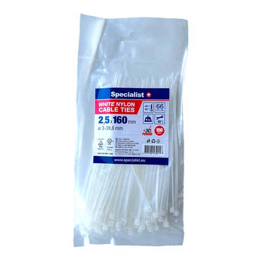 [81/3-2160B] SPECIALIST+ nylon cable ties, white, 2.5x160 mm, 100 pcs