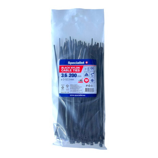[81/3-3202J] SPECIALIST+ nylon cable ties, black, 3.6x200 mm, 100 pcs