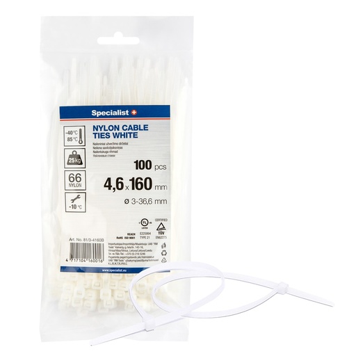 [81/3-4160B] SPECIALIST+ nylon cable ties, white, 4.6x160 mm, 100 pcs