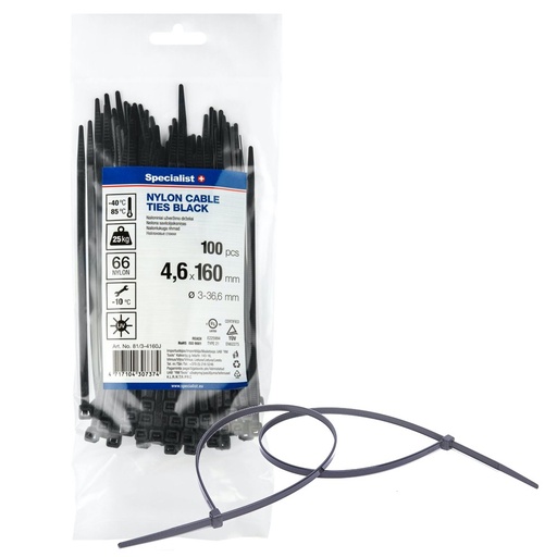 [81/3-4160J] SPECIALIST+ nylon cable ties, black, 4.6x160 mm, 100 pcs