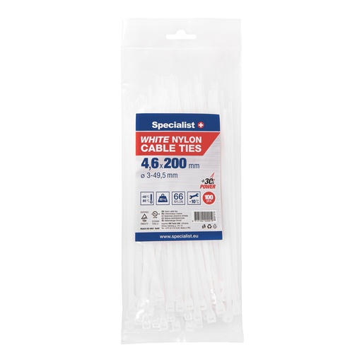 [81/3-4200B] SPECIALIST+ nylon cable ties, white, 4.6x200 mm, 100 pcs