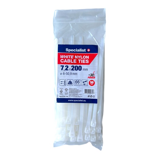 [81/3-7203B] SPECIALIST+ nylon cable ties, white, 7.2x200 mm, 50 pcs