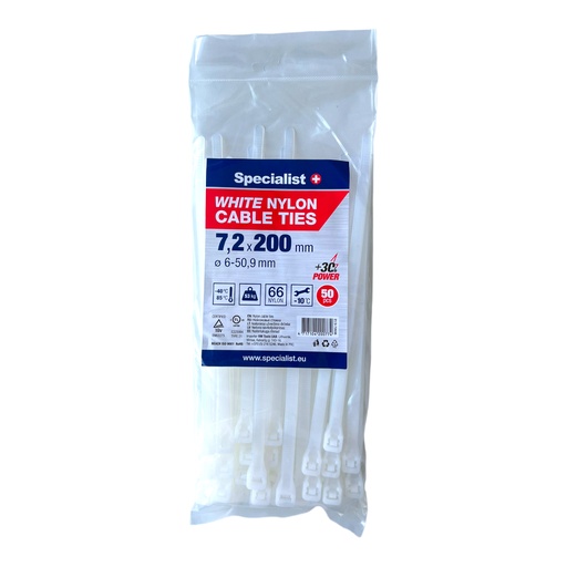 [81/3-7203B] SPECIALIST+ nylon cable ties, white, 7.6x200 mm, 50 pcs