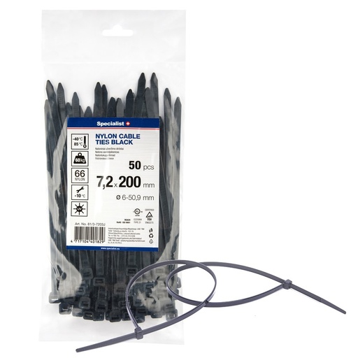 [81/3-7203J] SPECIALIST+ nylon cable ties, black, 7.2x200 mm, 50 pcs
