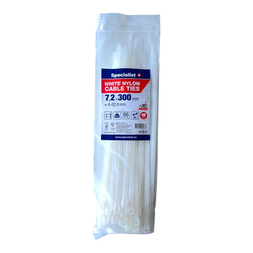 [81/3-7300B] SPECIALIST+ nylon cable ties, white, 7.2x300 mm, 50 pcs