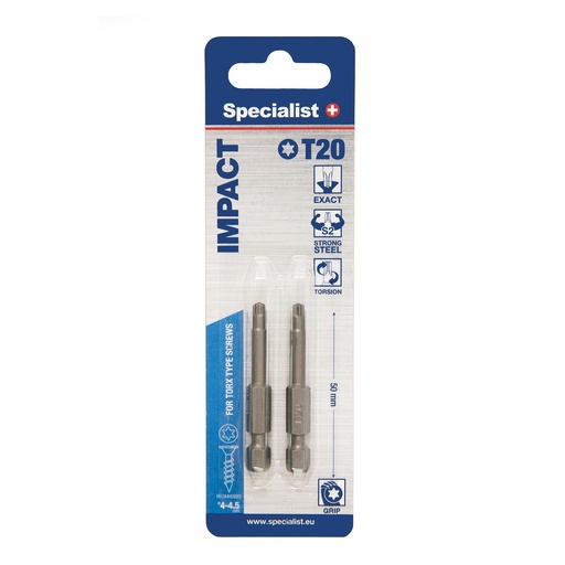 [24/2-069] SPECIALIST+ screwdriver bit TORX GRIP, T20, 50mm, 2 pcs