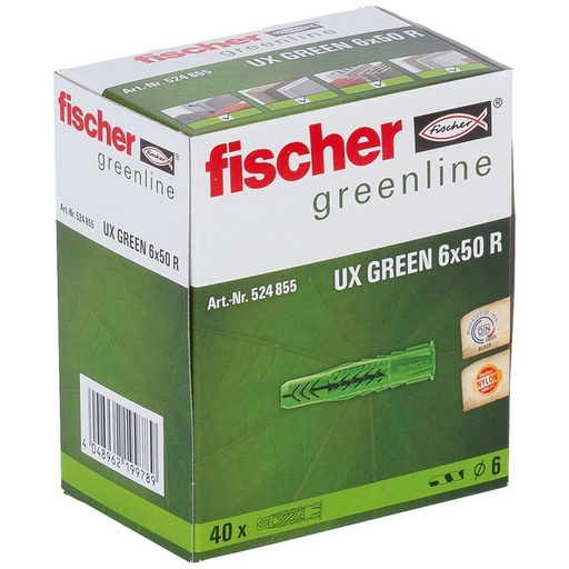 [61-524855] Fischer Universal plug UX Green 6 x 50 R with rim 40 pcs.