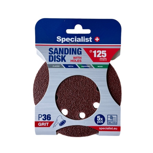 [250-2036] SPECIALIST+ velcro sanding disks with holes P36, 125 mm, 5 pcs
