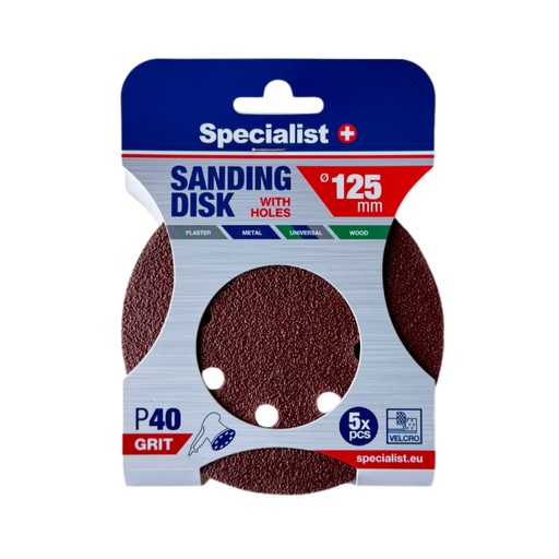 [250-2040] SPECIALIST+ velcro sanding disks with holes P40, 125 mm, 5 pcs
